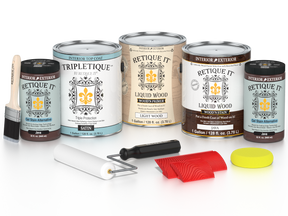Retique It® Wood'n Finish Kit Java with satin top coat, includes four large wood treatment bottles for interior use.