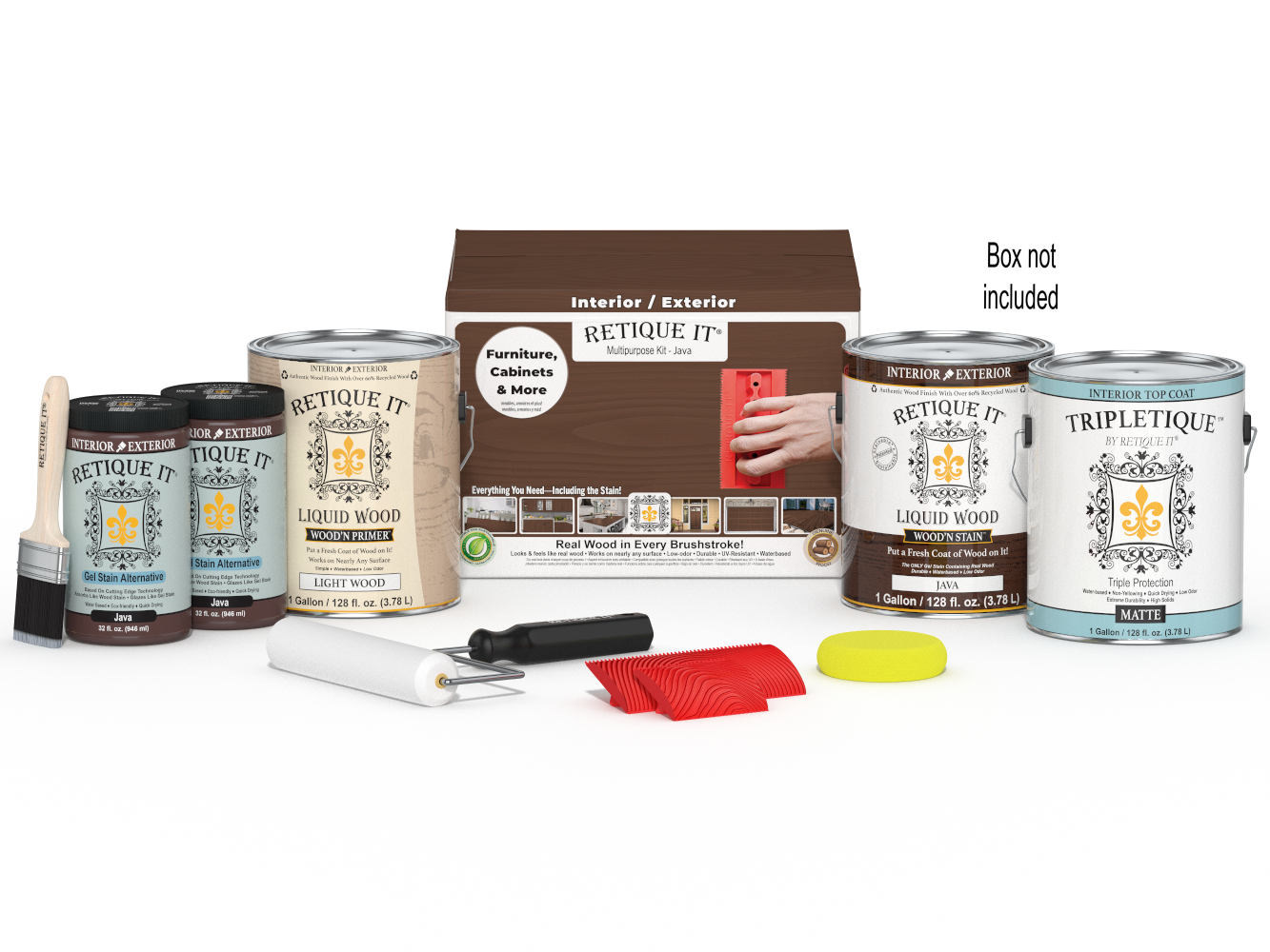 Four large Java Wood'n Finish Kits by Retique It® for interior top coating, with wood finish bottles and application tools visible.
