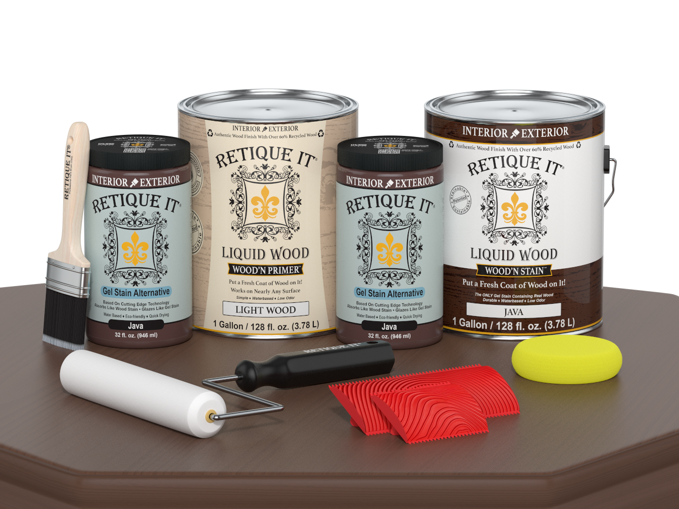 Retique It® Wood'n Finish Kit Java with four large containers, designed for multi-purpose wood finishing projects.