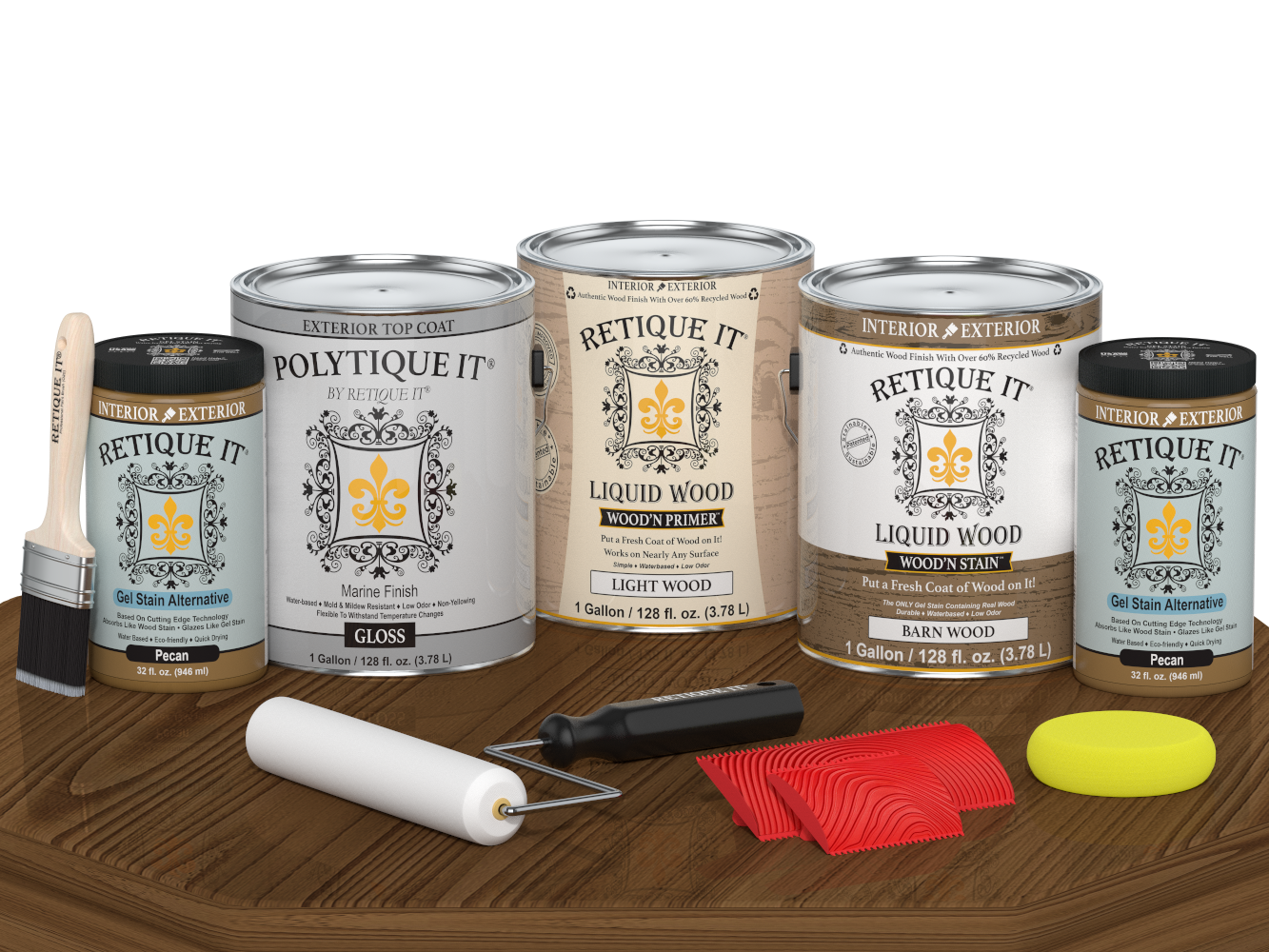 Retique It® Wood'n Finish Kit in Modern Walnut with glossy exterior topcoat, displayed on a table for multi-purpose wood finishing.