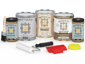 Retique It® Wood'n Finish Kit in Modern Walnut with exterior topcoat, featuring four large wood finishing tools in matte finish.