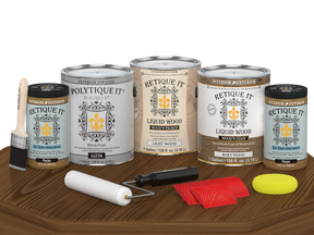 Retique It® Wood'n Kit in Modern Walnut with satin topcoat, featuring four large wood finish bottles on a table.