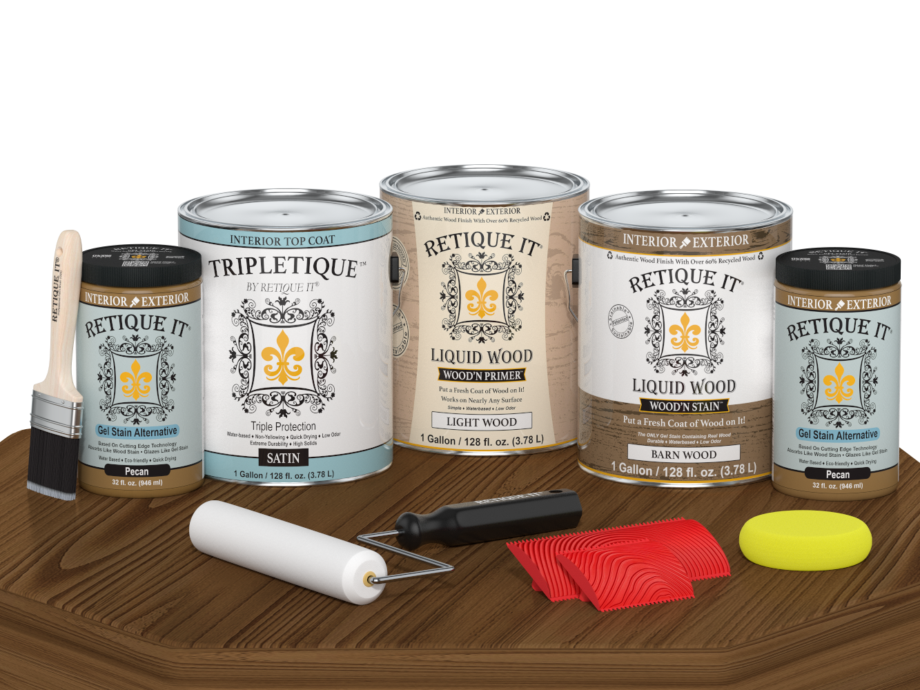 Retique It® Wood'n Finish Kit in Modern Walnut, satin topcoat, showing four large wood finish bottles on a table.