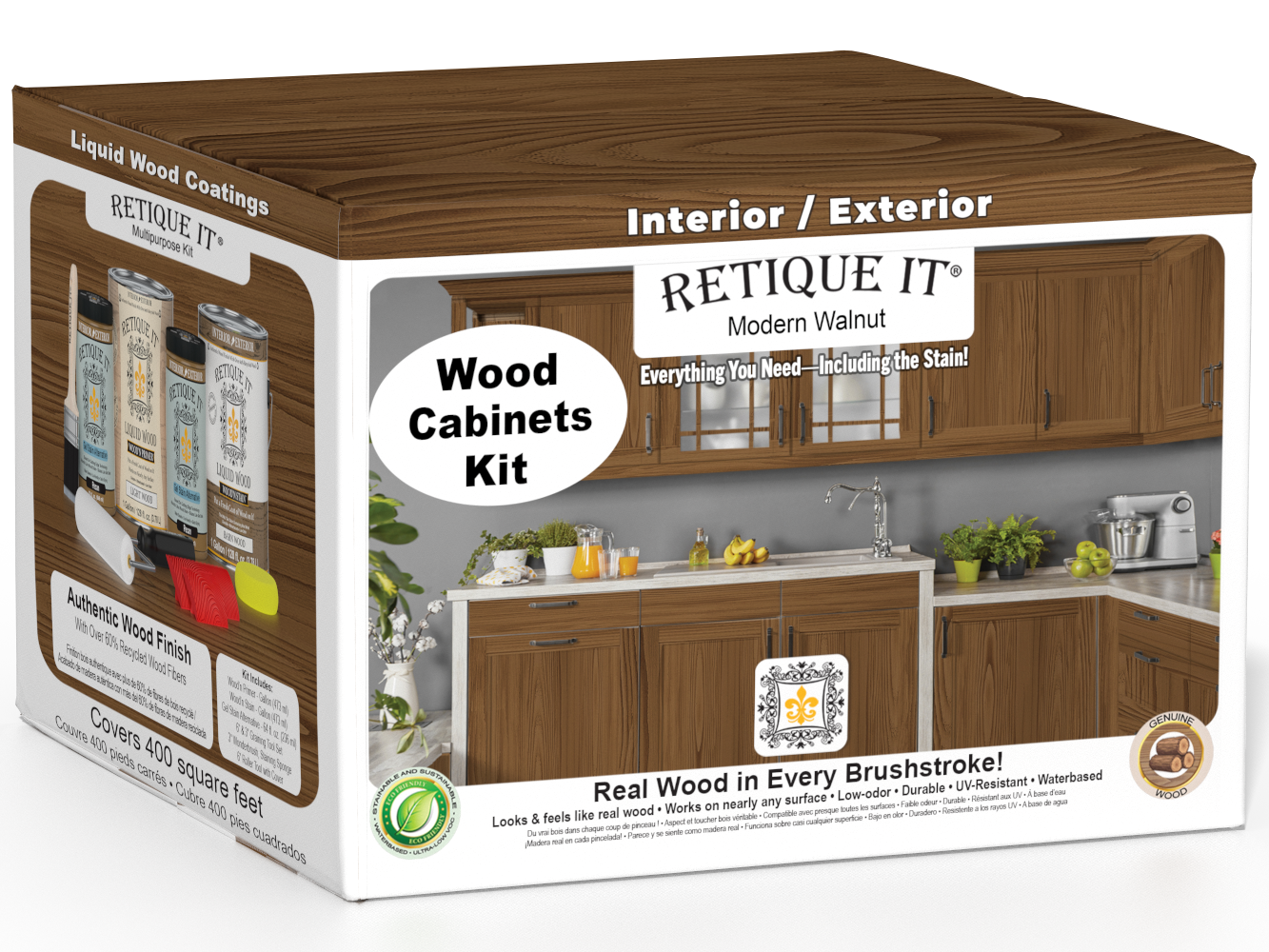 Retique It® Modern Walnut Wood Cabinets Kit packaging featuring rich wood-look kitchen cabinets.