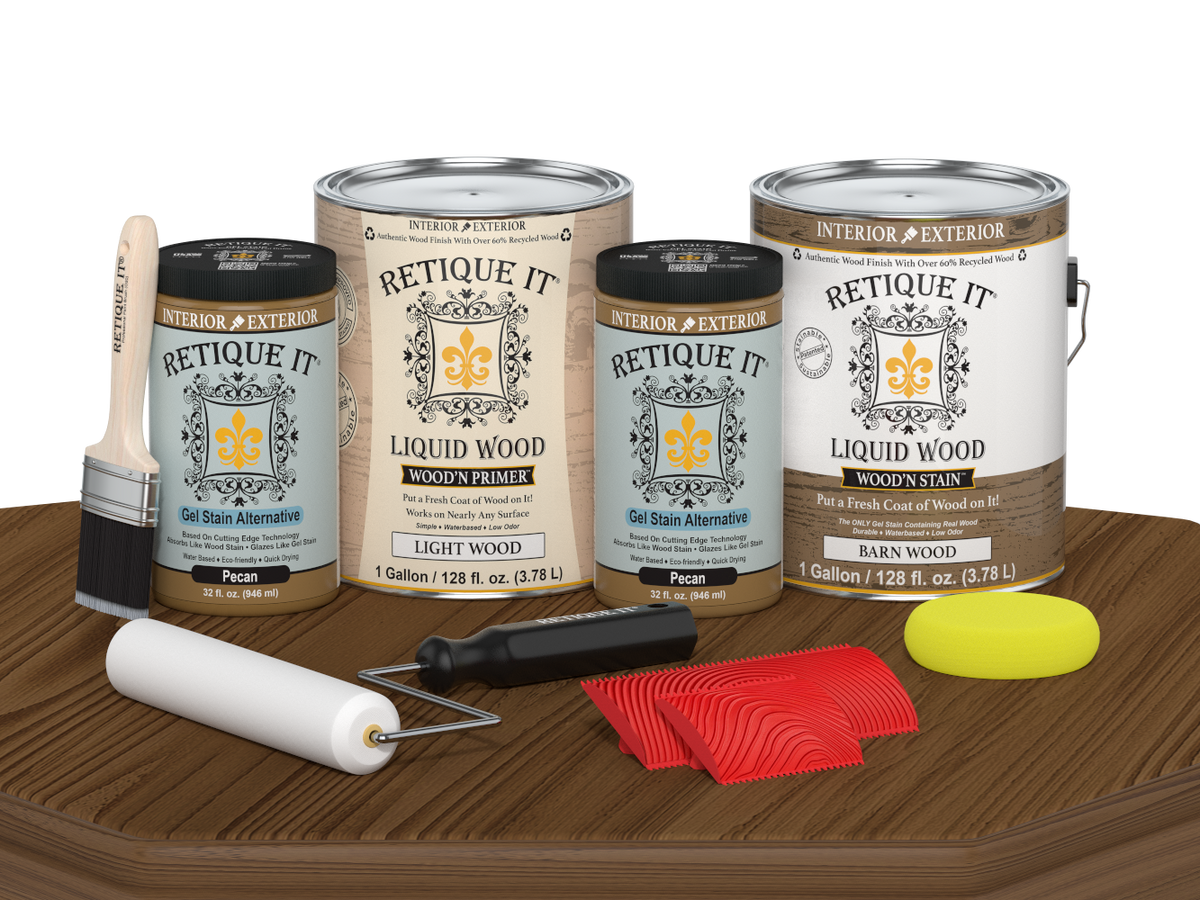 Retique It® Modern Walnut Wood Kit with gallon primer and stain, gel stains, brush, roller, yellow sponge, and red graining tools.