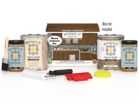 Retique It® Modern Walnut Wood Cabinets Kit with primer, stains, brush, roller, yellow sponge, red graining tools, and packaging.