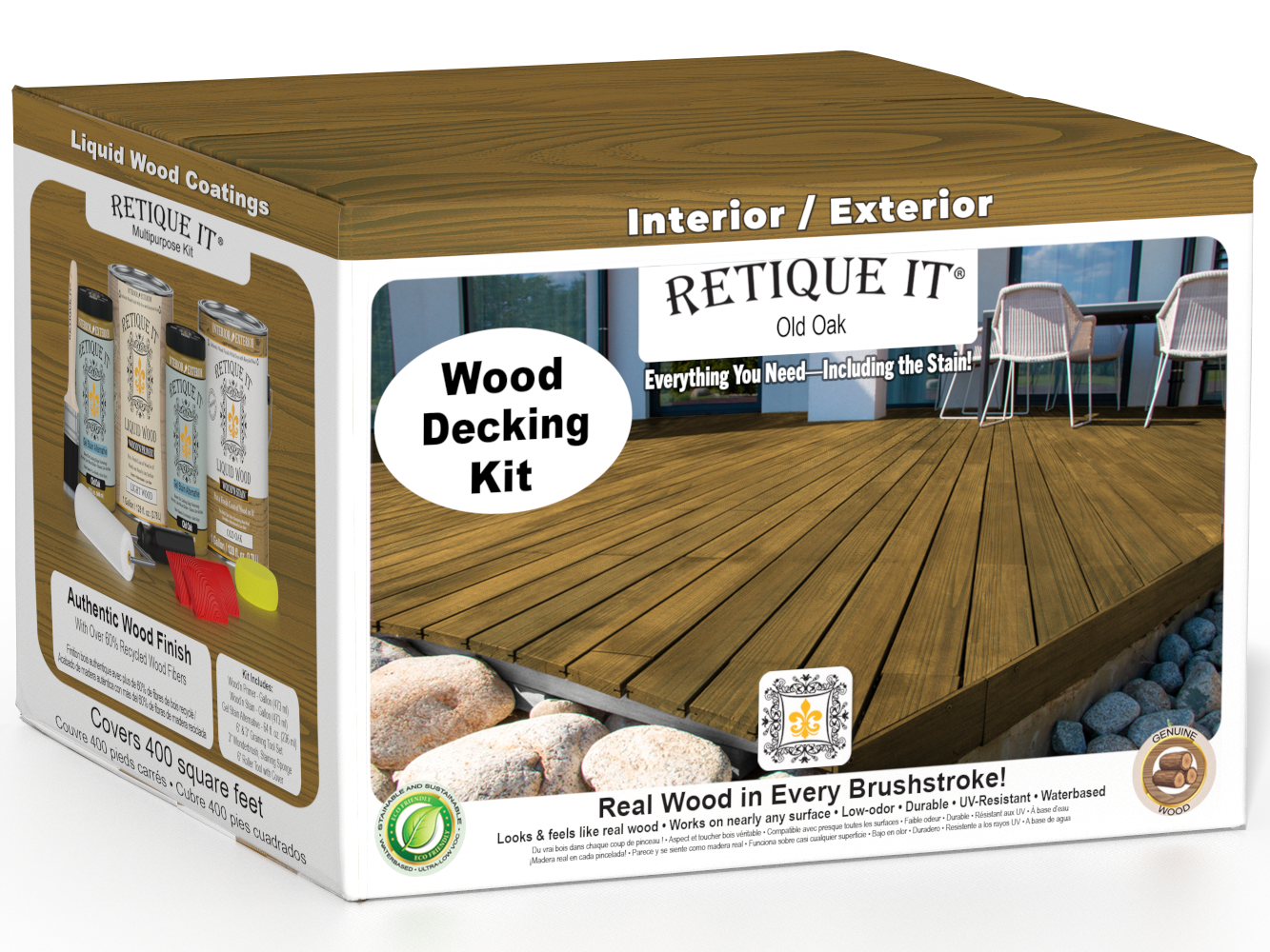 Retique It Decking Wood'n Kit in Old Oak stain showing a deck with natural wood finish and stain application tools.