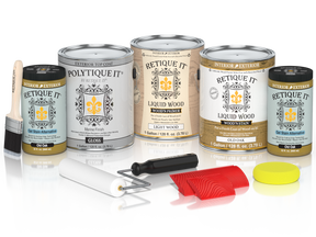 Glossy Old Oak exterior wood finish kit with four large containers from Retique It® Wood'n Finish Kits, ideal for multi-purpose wood projects.