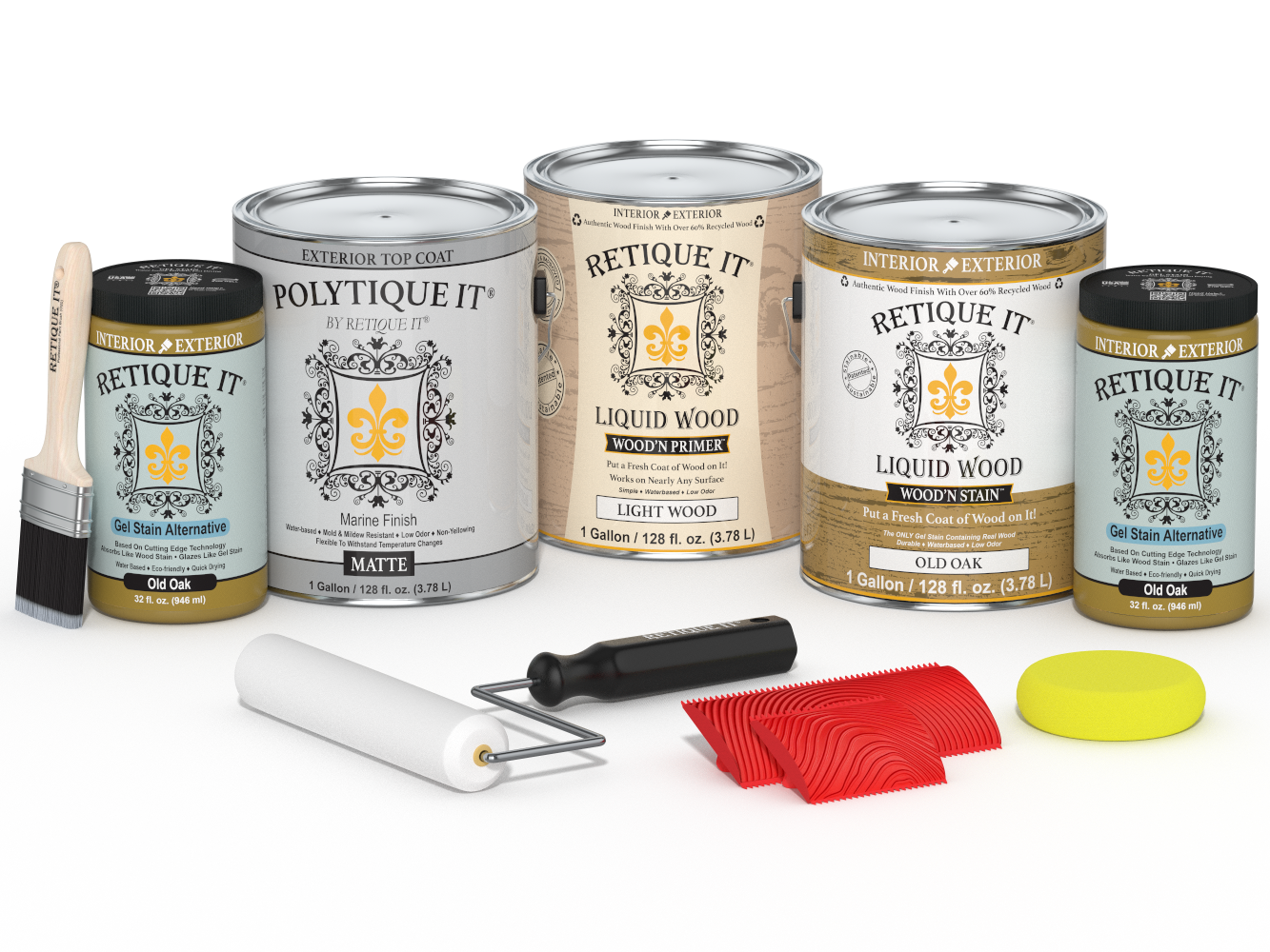 Retique It® Wood'n Finish Kit in Old Oak, 4-piece set, with exterior top coat and matte finish for wood projects.