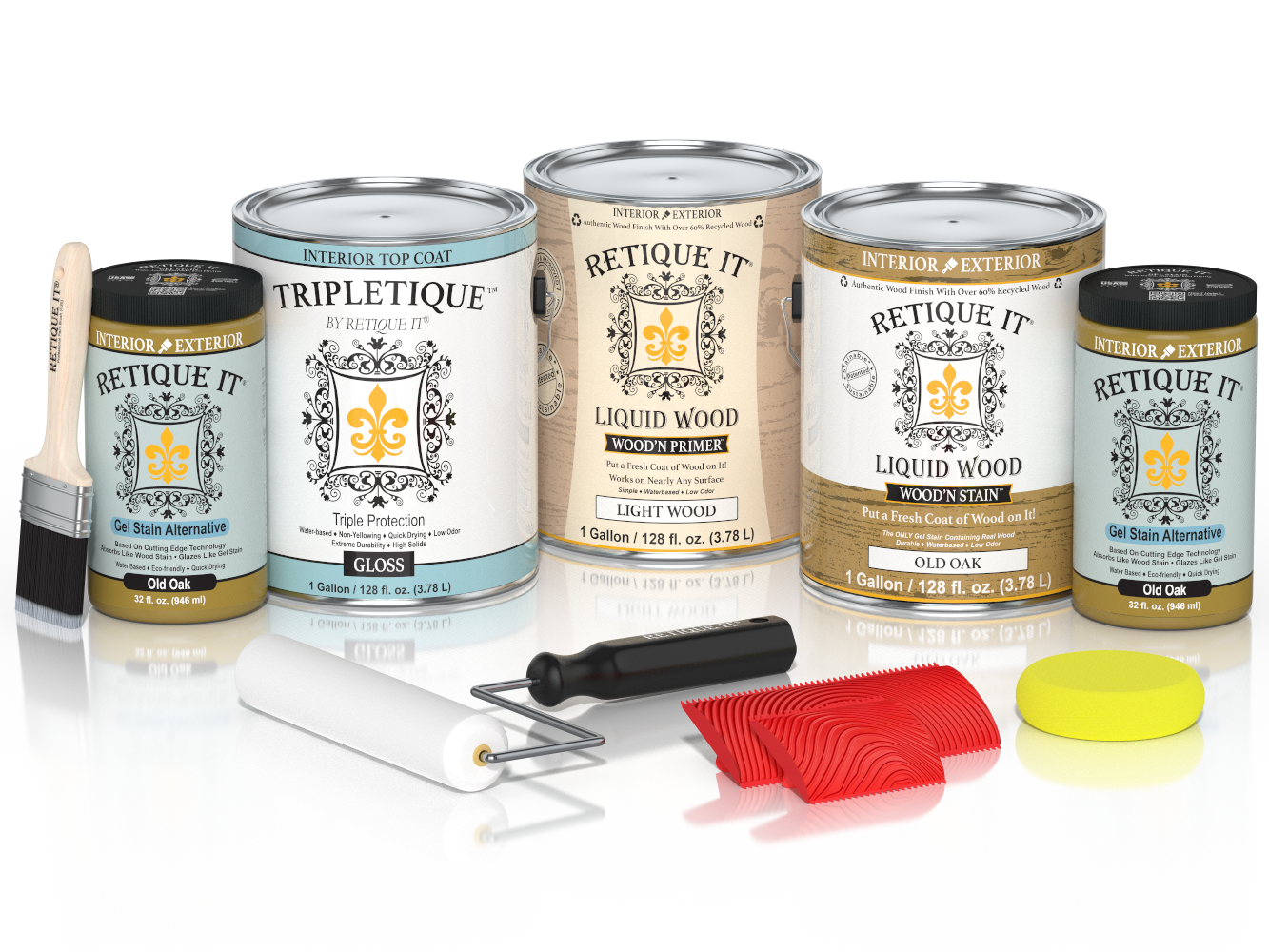 Glossy Old Oak Wood'n Finish Kit by Retique ItÂ® with four large containers, ideal for interior wood top coating projects.
