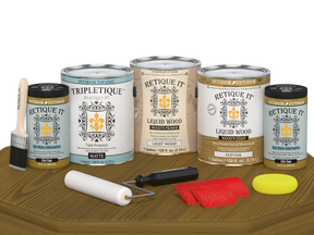 Retique It Wood'n Cabinet Kit in Old Oak with 48 grained cabinet doors, matte stain finish on a wooden tabletop.