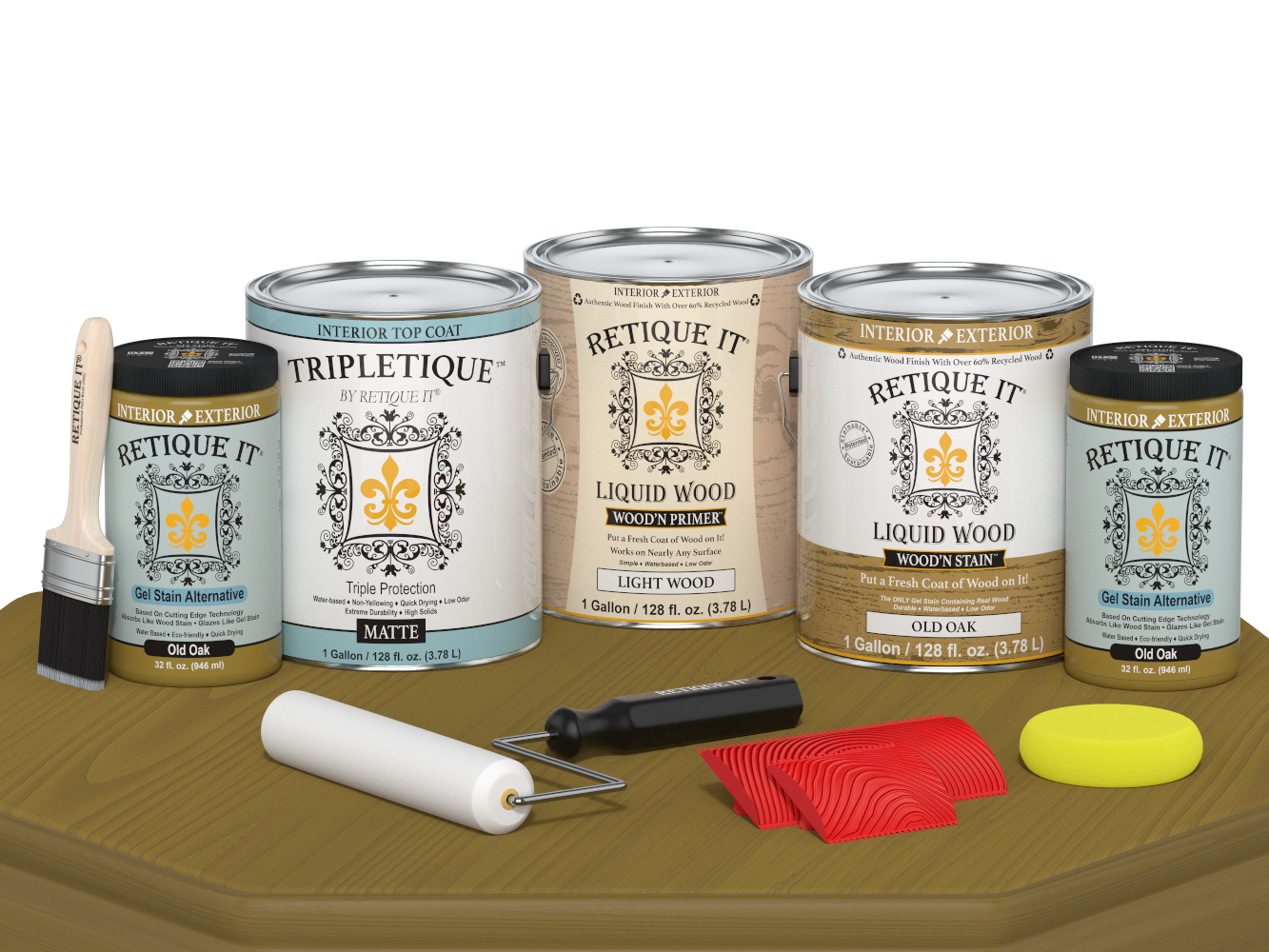 Retique ItÂ® Wood'n Kit in Old Oak for interior top coat, featuring four large wood finish bottles with matte finish on a table.