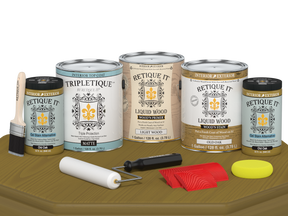 Retique ItÂ® Wood'n Kit in Old Oak for interior top coat, featuring four large wood finish bottles with matte finish on a table.
