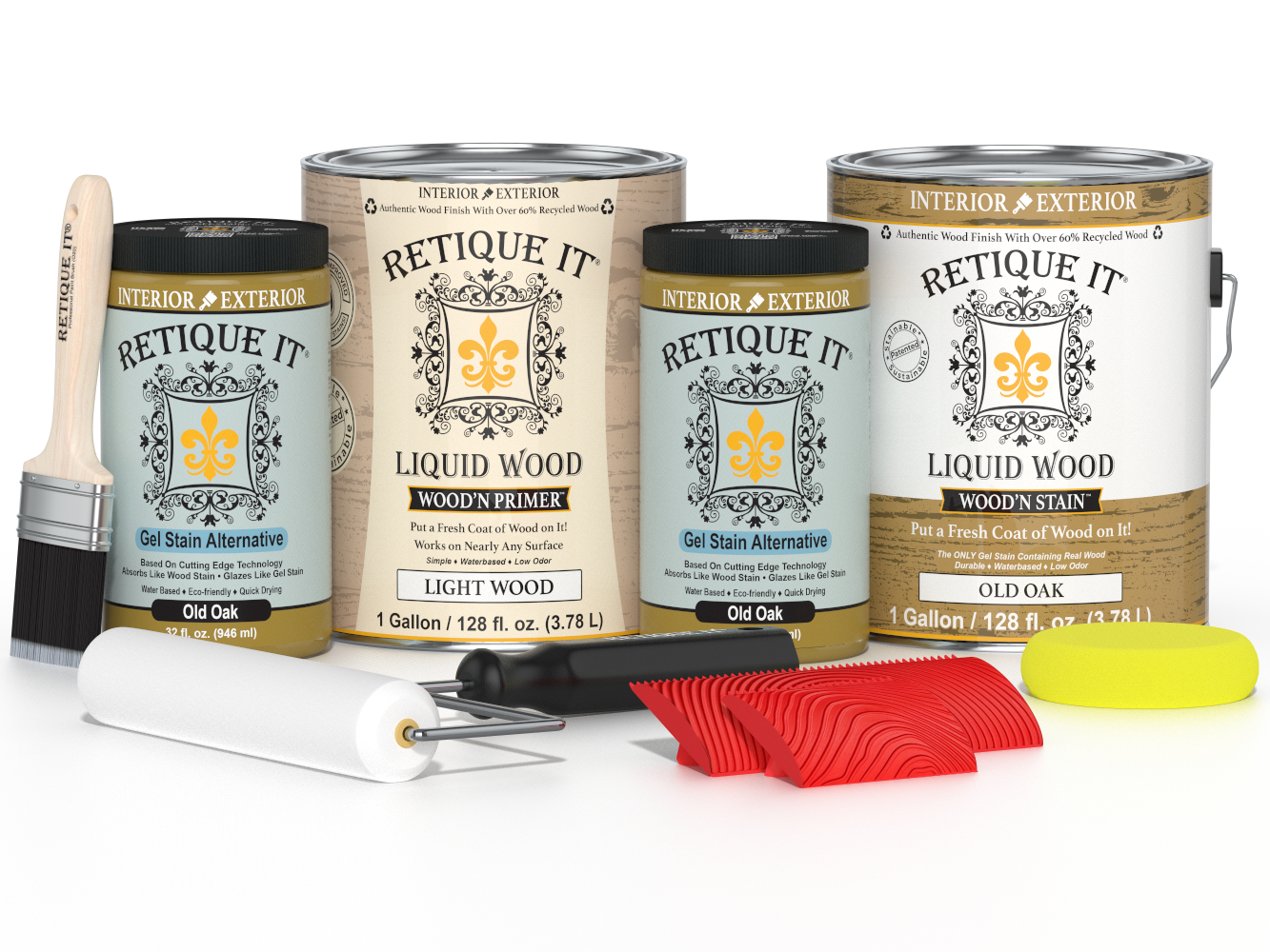 Retique ItÂ® Wood'n Finish Kit in Old Oak, a multi-purpose wood finishing set with four large bottles, shown with wood surfaces.