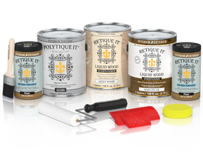 Retique It® Wood'n Finish Kit in Dark Pecan with four large exterior top coat containers, designed for wood finishing projects.
