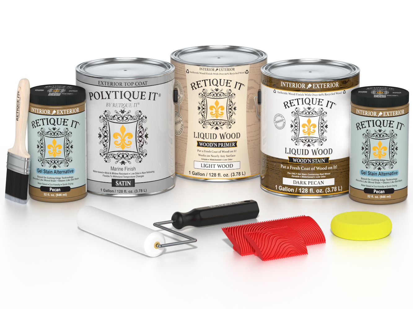 Retique It® Wood'n Finish Kit in Dark Pecan with four large containers for exterior top coat, satin finish, wood exterior protection.