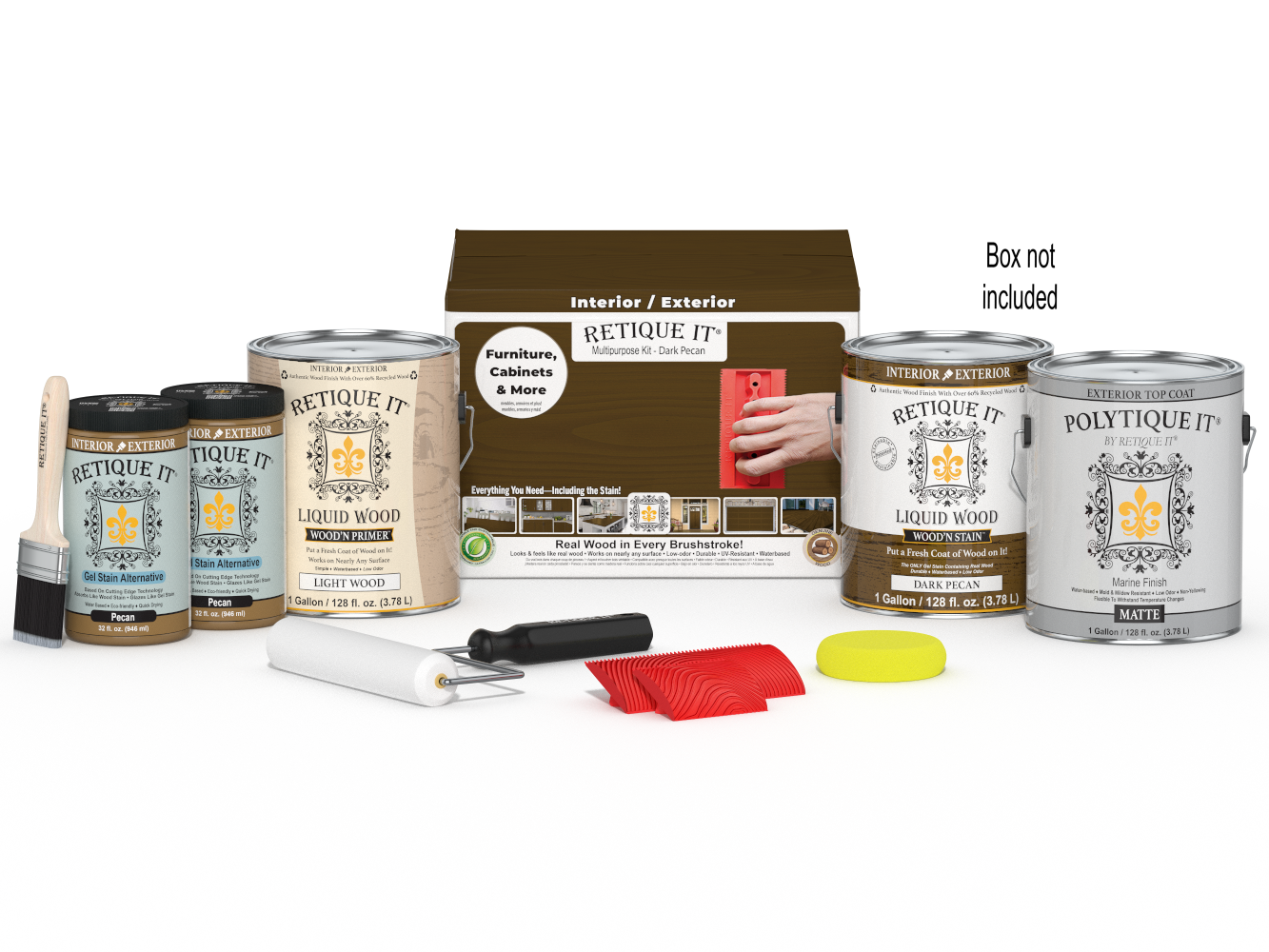 Retique It® Wood'n Finish Kit in Dark Pecan with four large exterior top coat bottles and applicator tools in a box.