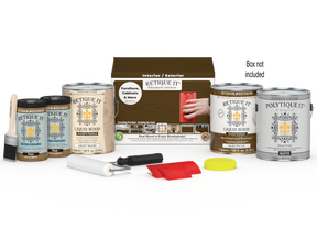Retique It® Wood'n Finish Kit in Dark Pecan with four large exterior top coat bottles and applicator tools in a box.