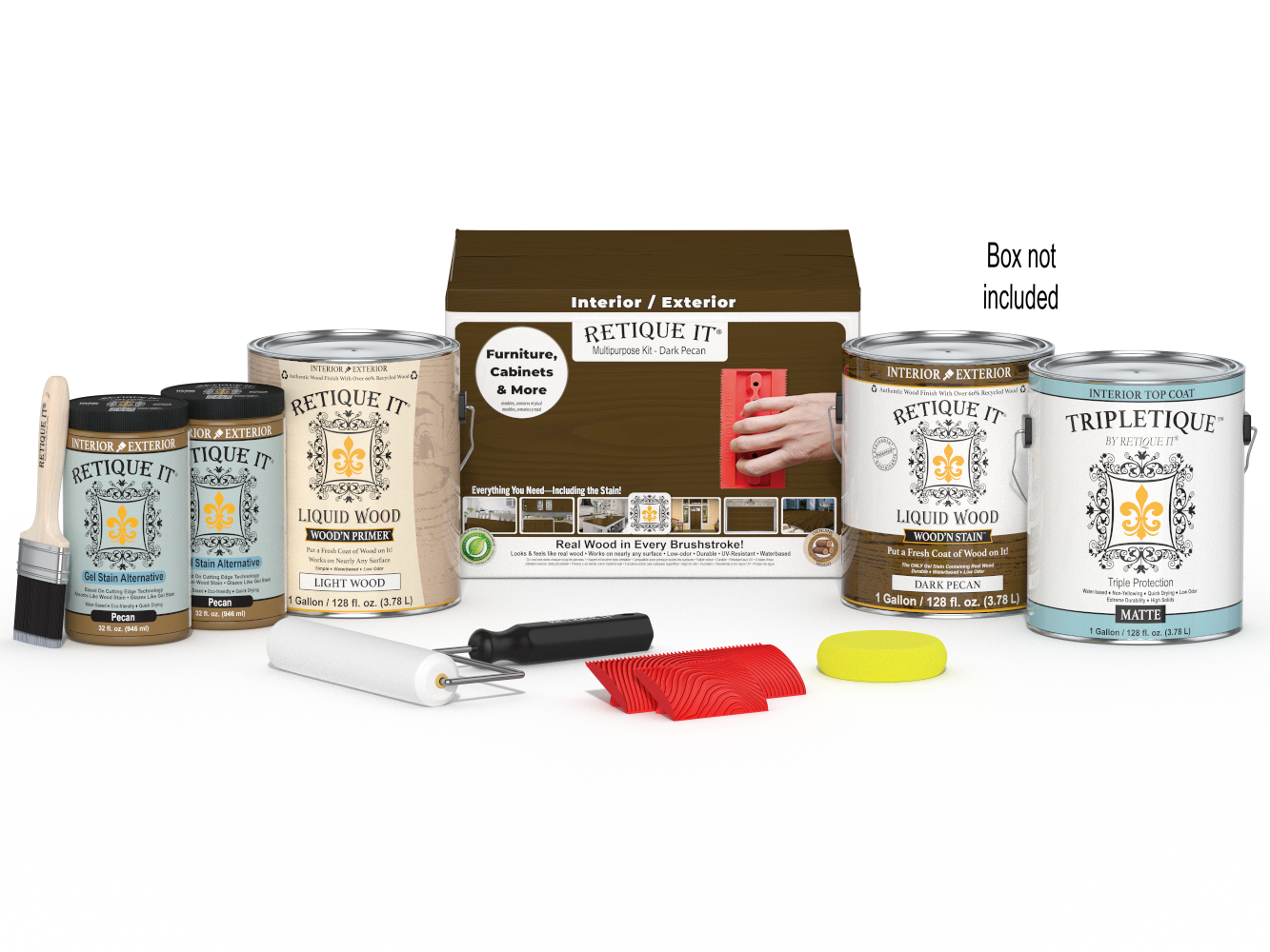 Retique It® Wood'n Kit in Dark Pecan with four large interior top coat bottles and applicator box for wood finishing projects.