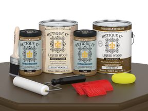 Retique ItÂ® Wood'n Finish Kit in Dark Pecan with four large containers, ideal for multi-purpose wood finishing projects.