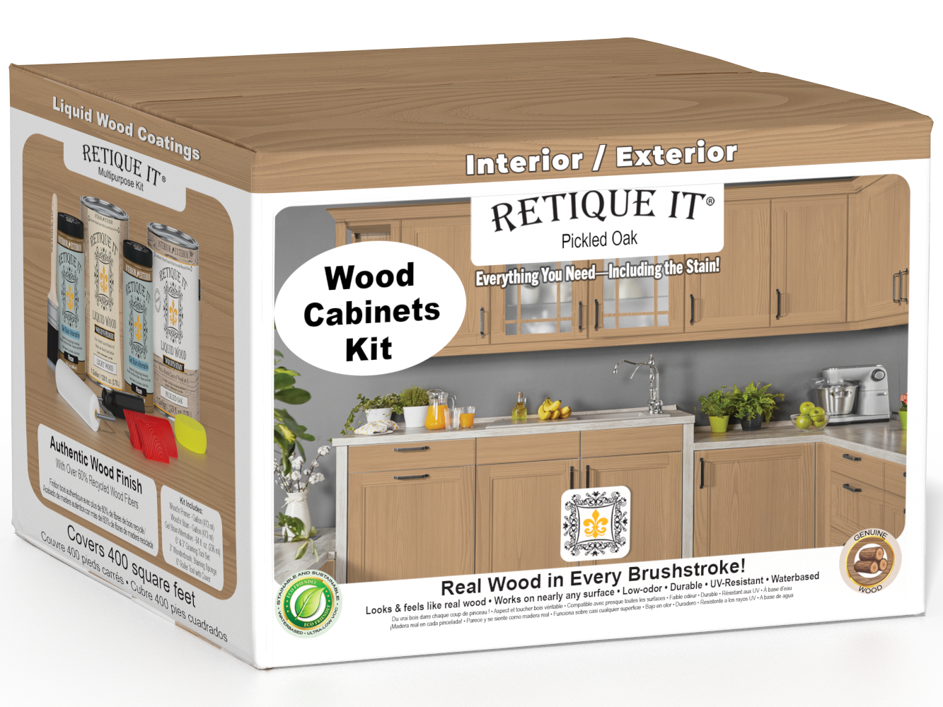 Pickled oak stained Wood'n Cabinet Kit with 48 grained doors, from Retique It® showing natural wood grain and pickled finish.