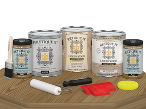Retique It® Wood'n Finish Kit in Pickled Oak with matte top coat, includes four large containers for exterior wood finishing.