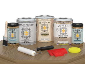 Retique It® Wood'n Kit Pickled Oak exterior top coat set with four large containers, satin finish on a wooden table.