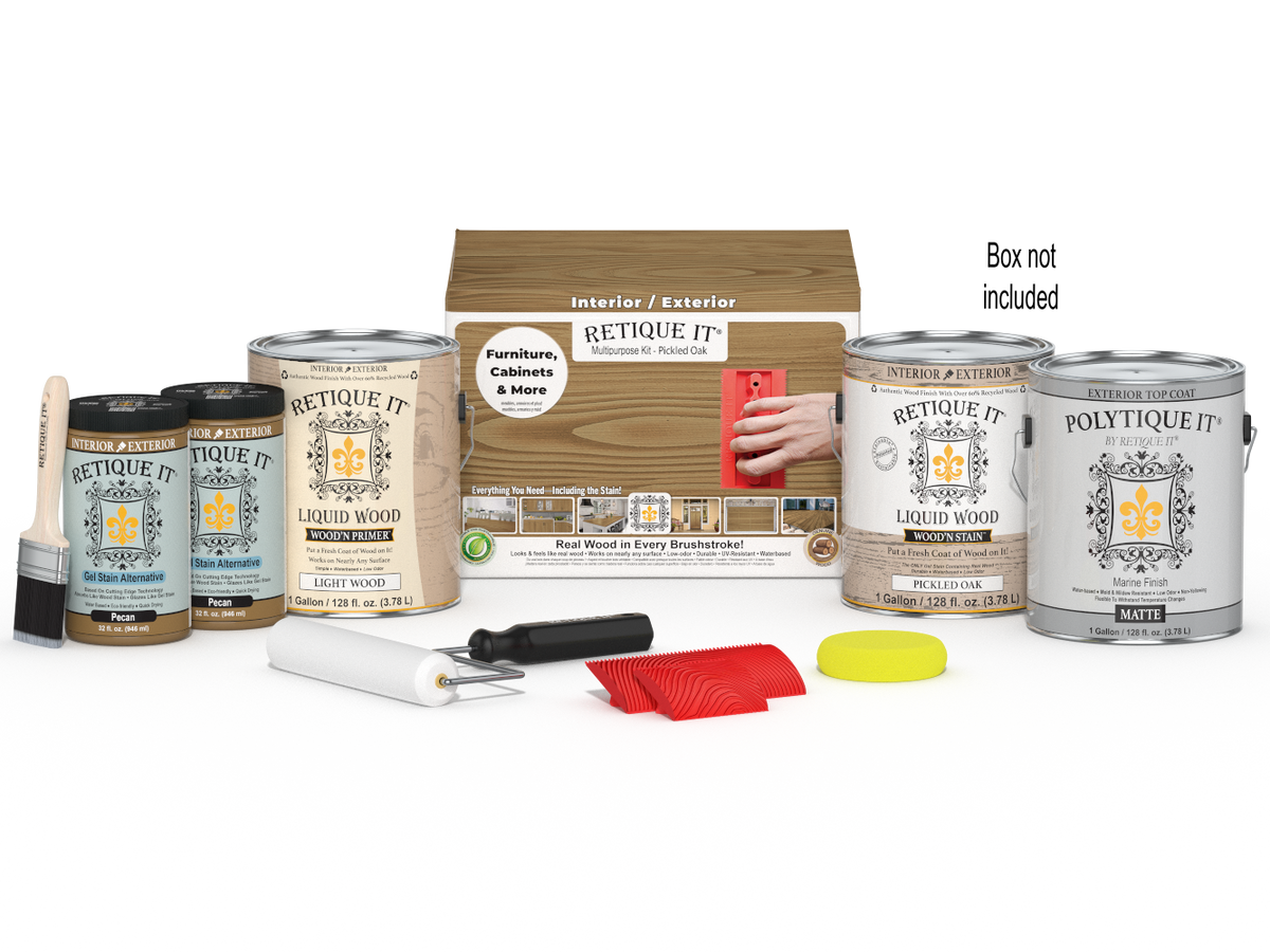 Retique It® Wood'n Finish Kit with four pickled oak exterior top coat bottles and applicator box for wood finishing projects.