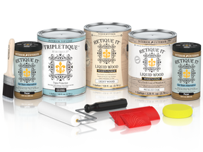 Glossy pickled oak wood finish kit from Retique It® Wood'n Finish Kits, includes four large interior top coat bottles.