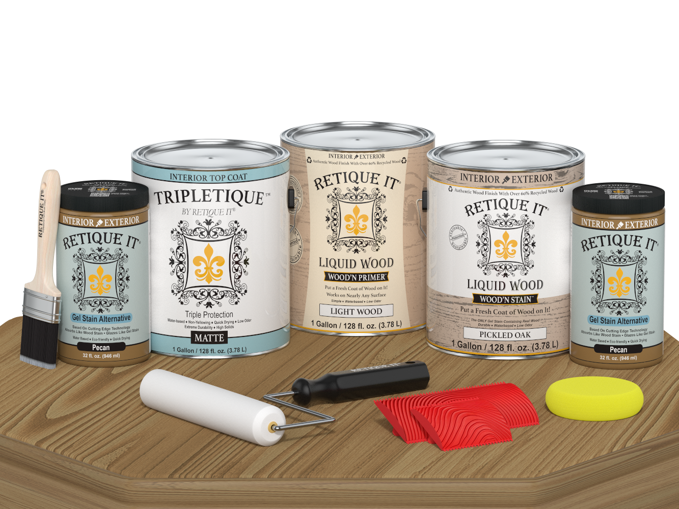 Retique It® Wood'n Kit Multi-purpose Pickled Oak interior top coat with matte finish, including four large wood finish bottles.