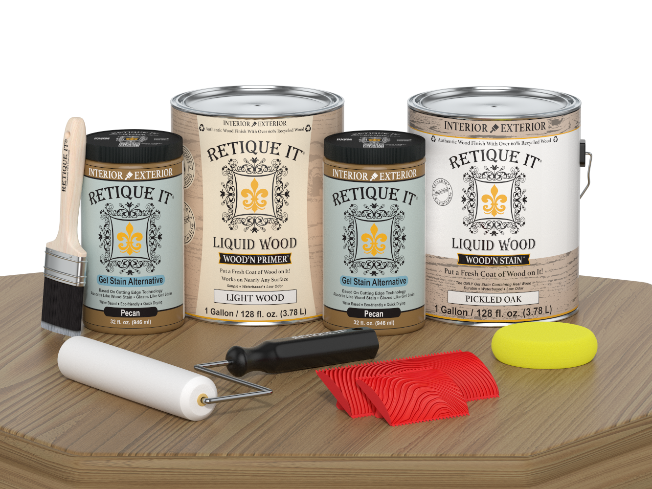 Retique It® Wood'n Kit in Pickled Oak for wood finishing, showing four large finish bottles on a woodworking table.
