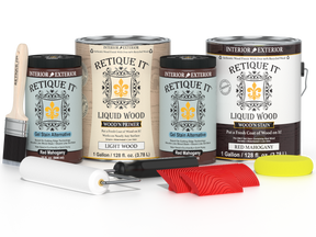 Retique It® Wood'n Cabinet Kit with 48 red mahogany stained cabinet doors, featuring wood grain finish for kitchen or furniture.
