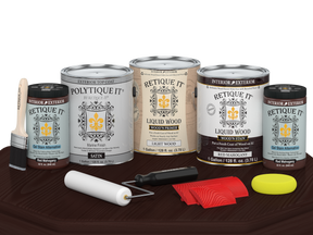 Retique It Red Mahogany decking wood stain kit with satin finish, shown on a wooden surface. Perfect for outdoor decking projects.