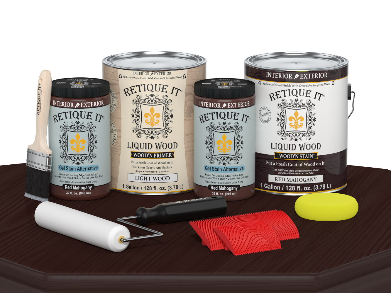 Retique It® Wood'n Cabinet Kit with 48 red mahogany grained stain, displayed on a table, showcasing wood grain finish.