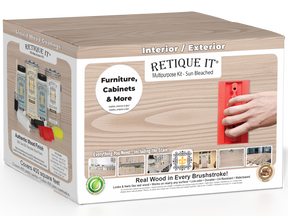 Sun-bleached Retique It® Wood'n Finish Kit with four large multi-purpose wood finishing products, shown in a branded box.