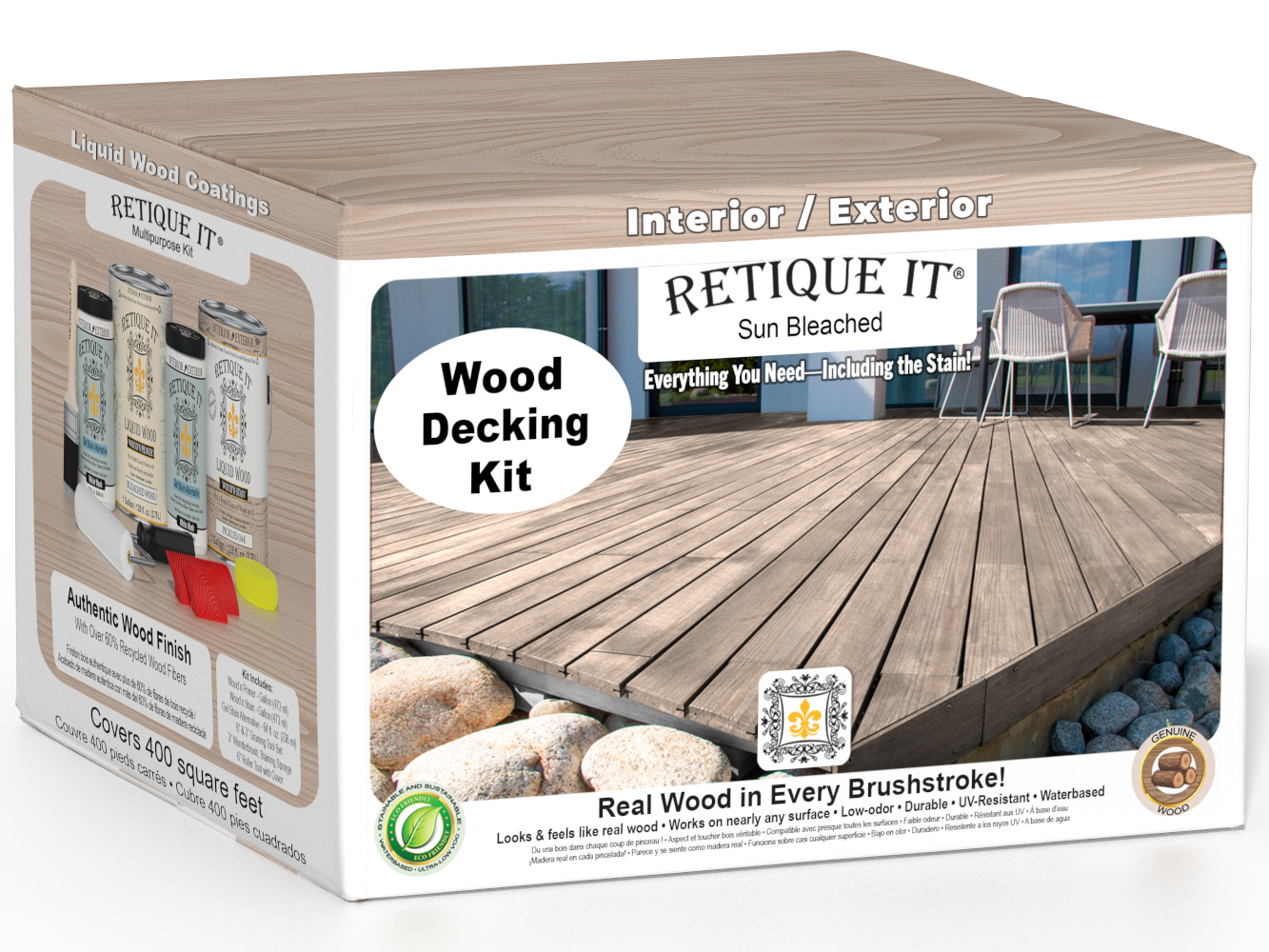 Retique It® Wood'n Finish Kit for decking in sun-bleached color, includes wood finish and application tools for outdoor decking.