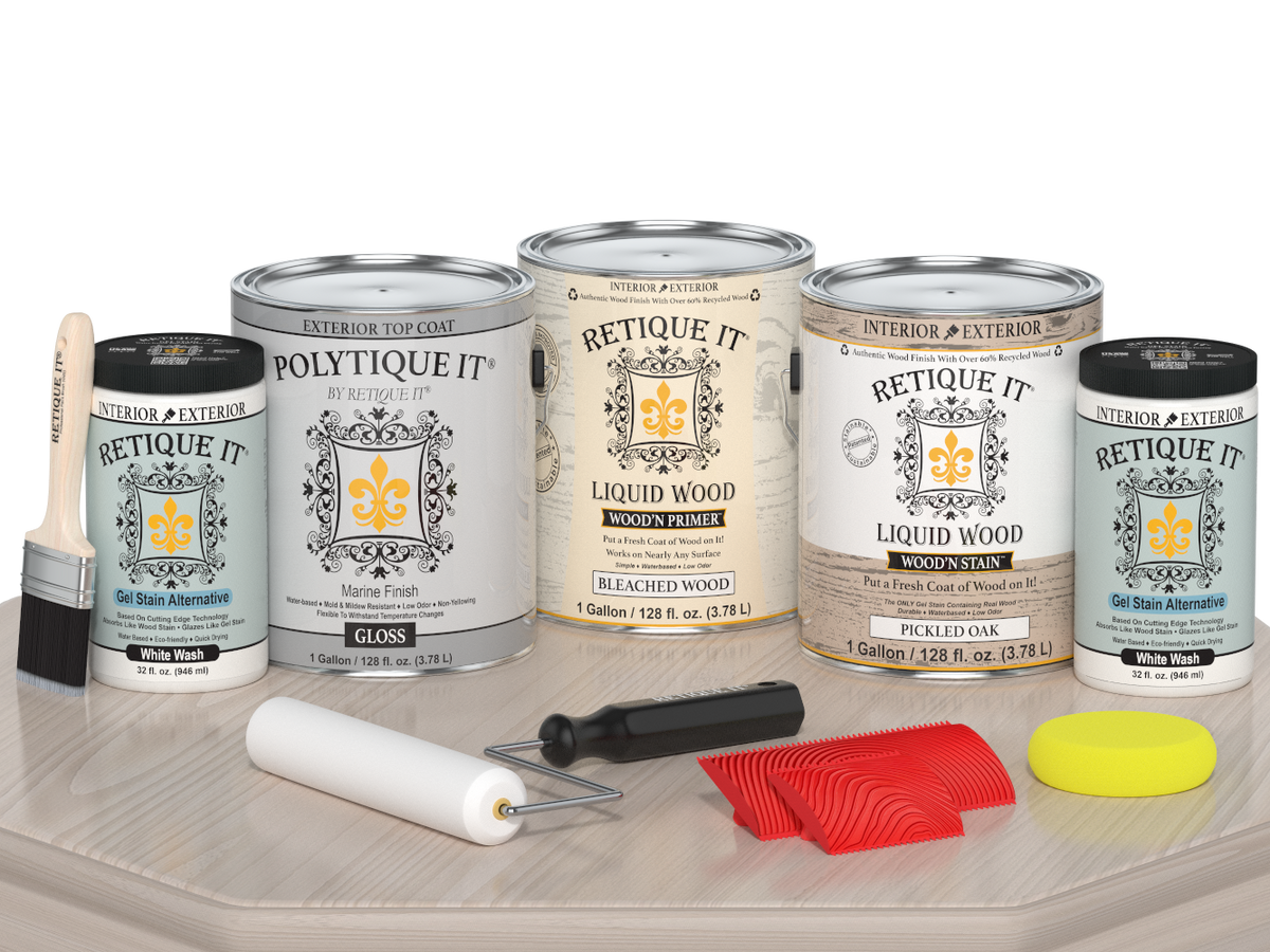 Retique It Wood'n Finish Kit in XL size with a glossy finish, featuring wood stain and finish components on a table.