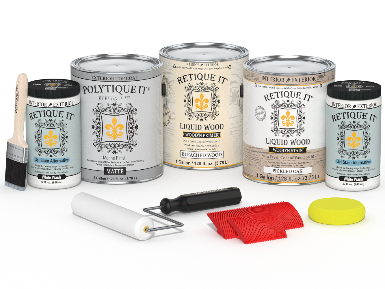 Sun-bleached Retique It Wood'n Finish Kit for exterior wood, includes four large matte top coat containers in a multi-purpose kit.
