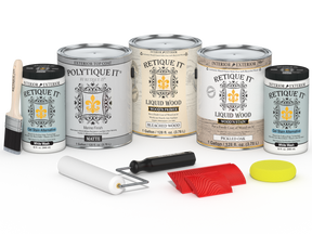 Sun-bleached Retique It Wood'n Finish Kit for exterior wood, includes four large matte top coat containers in a multi-purpose kit.