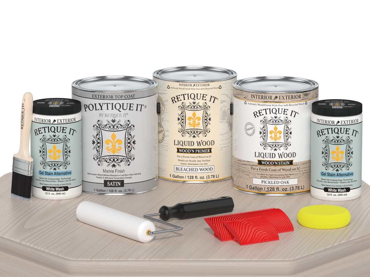 Retique It Wood'n Finish Kit in satin with a light chalk color, featuring a wood surface with a smooth finish.