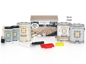 Sun-bleached Decking Wood'n Finish Kit by Retique It® with wood finish swatches and application tools for outdoor decking.