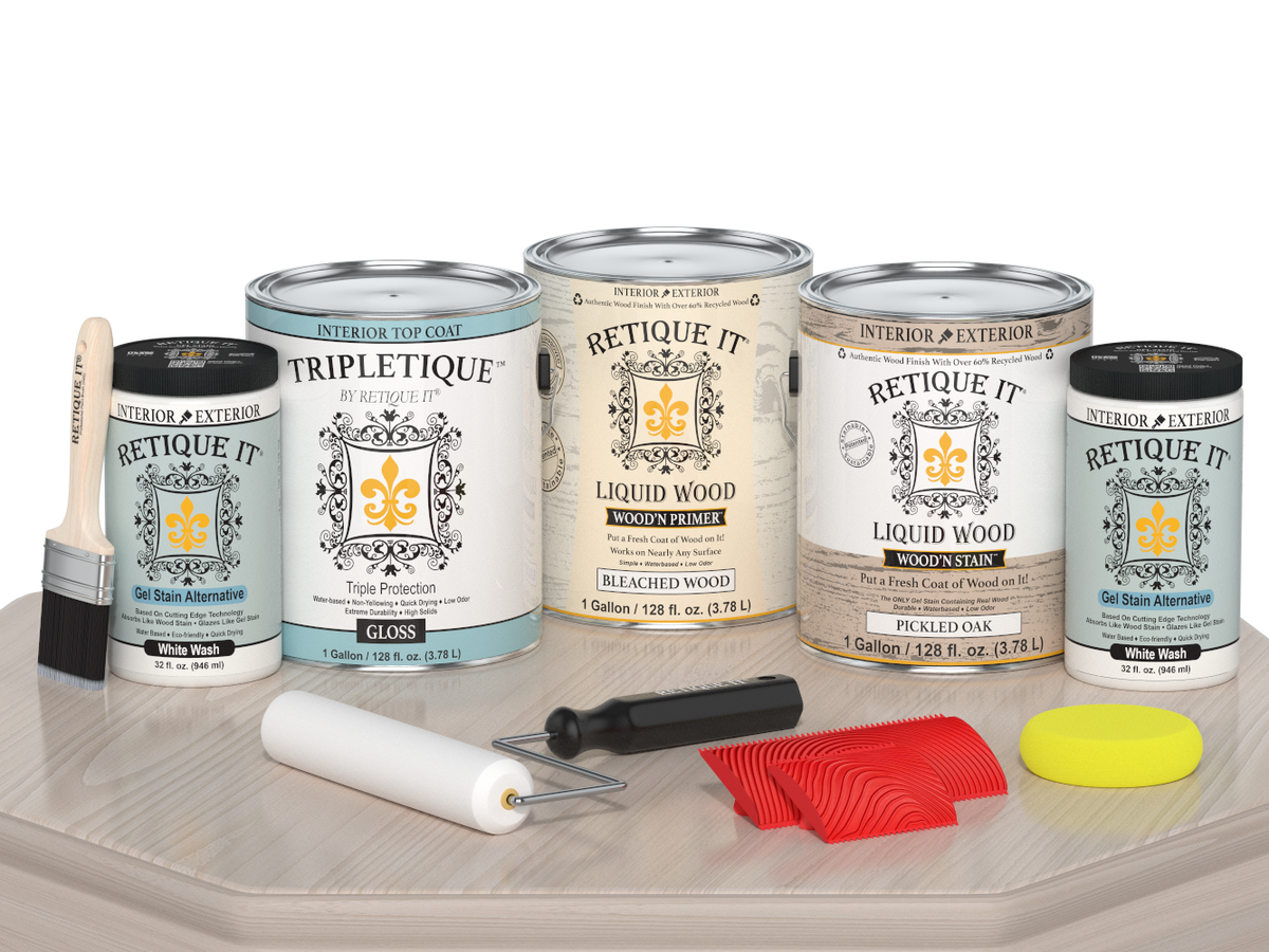Retique It Wood'n Finish Kit in satin gloss with a light wood color, featuring a tabletop with a smooth finish.
