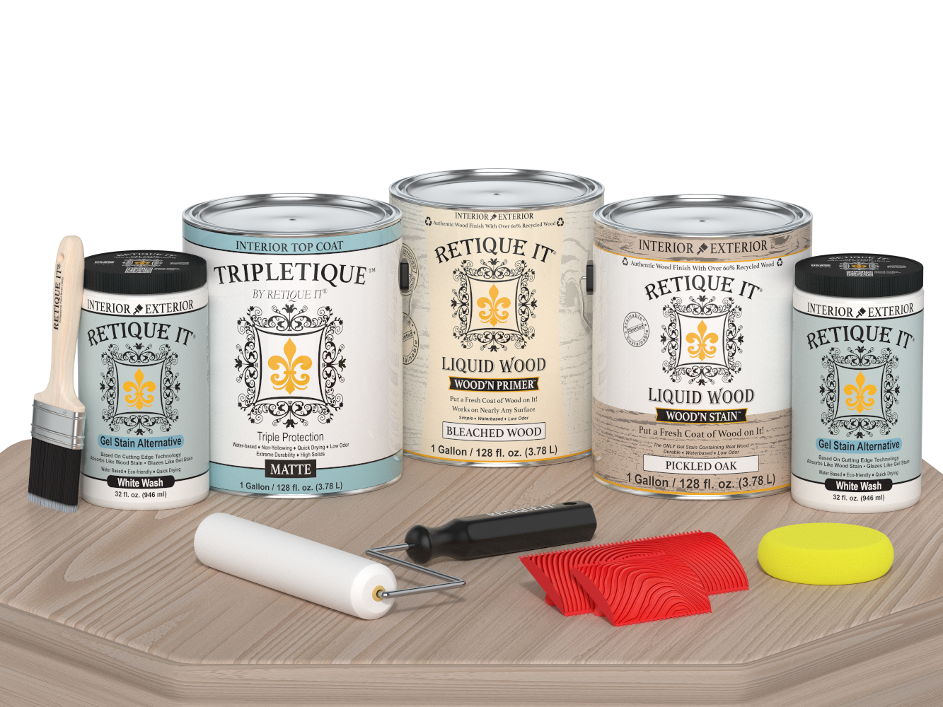 Retique It® Wood'n Kit Multi-purpose wood finish set with four sun-bleached interior top coat bottles on a table.