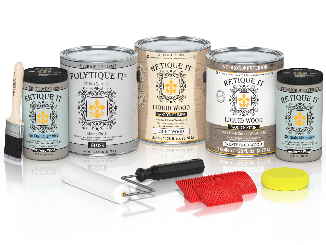Glossy weathered wood exterior top coat in a Multi-purpose Wood'n Kit by Retique It®, shown in a plastic container.