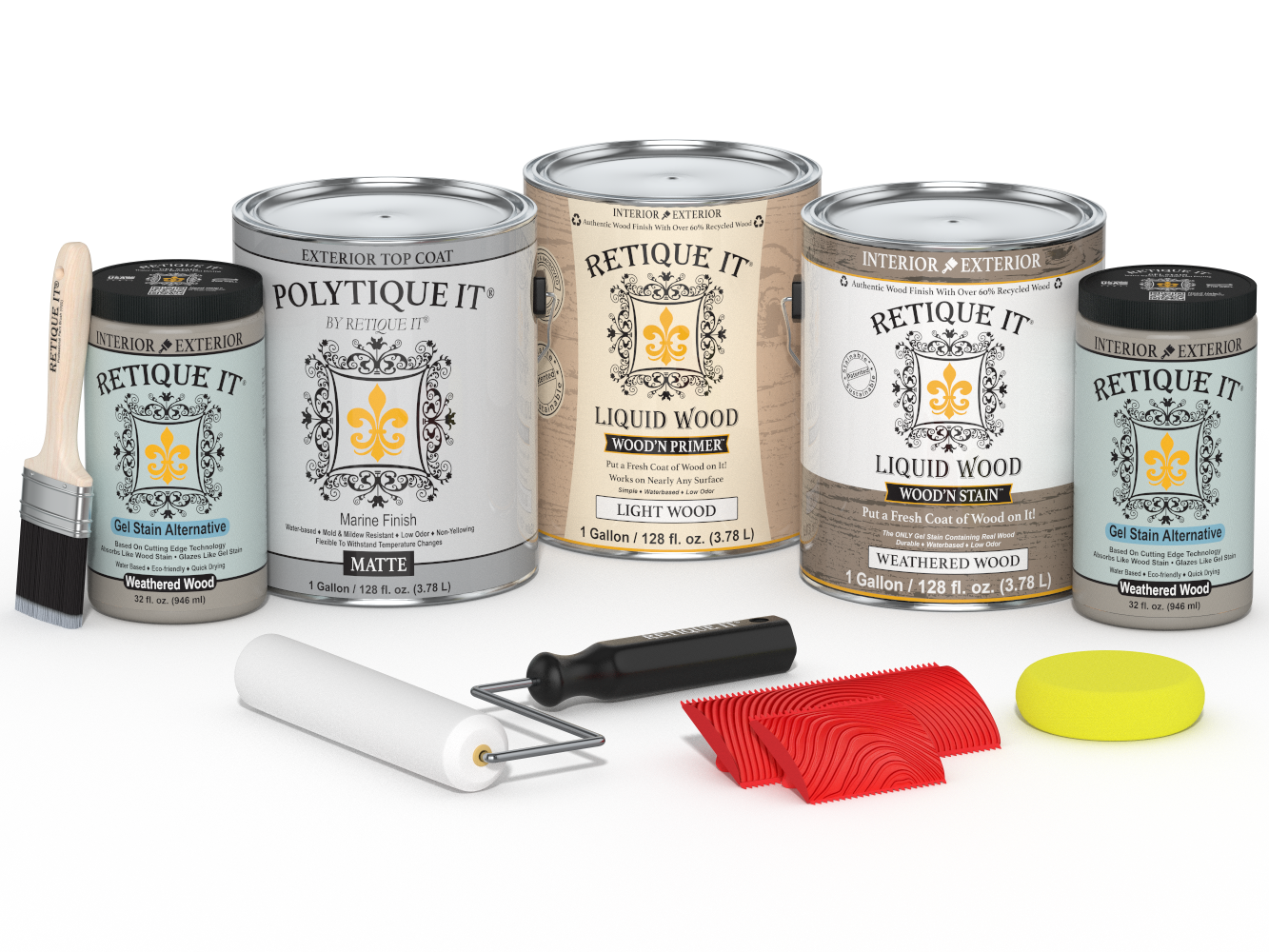 Retique It® Wood'n Finish Kit with weathered wood exterior top coat, featuring four large matte weathered wood finish bottles.