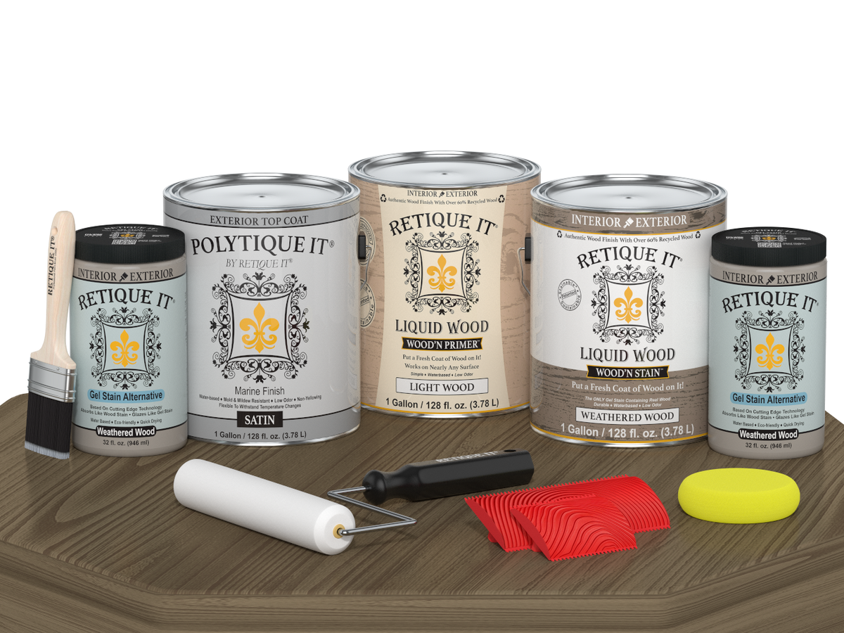 Retique It Weathered Wood decking stain kit with satin finish, featuring staining tools and sample wood plank for weathered wood look.
