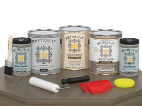 Retique It® Wood'n Finish Kit in Weathered Wood, large size, satin exterior top coat applied on wooden surface.