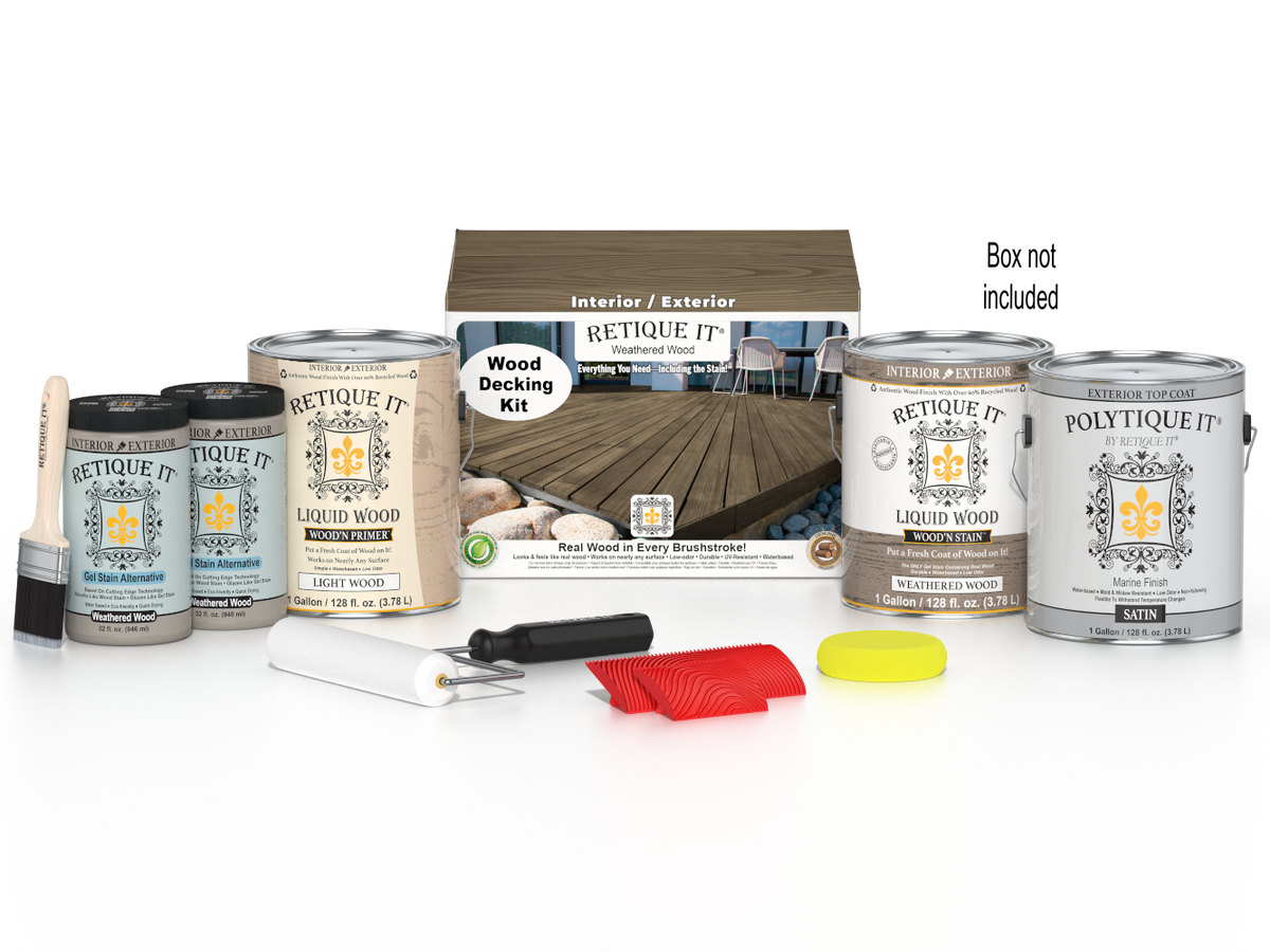 Retique It Weathered Wood Decking Wood'n Kit stain with a weathered wood finish, shown in a box packaging.