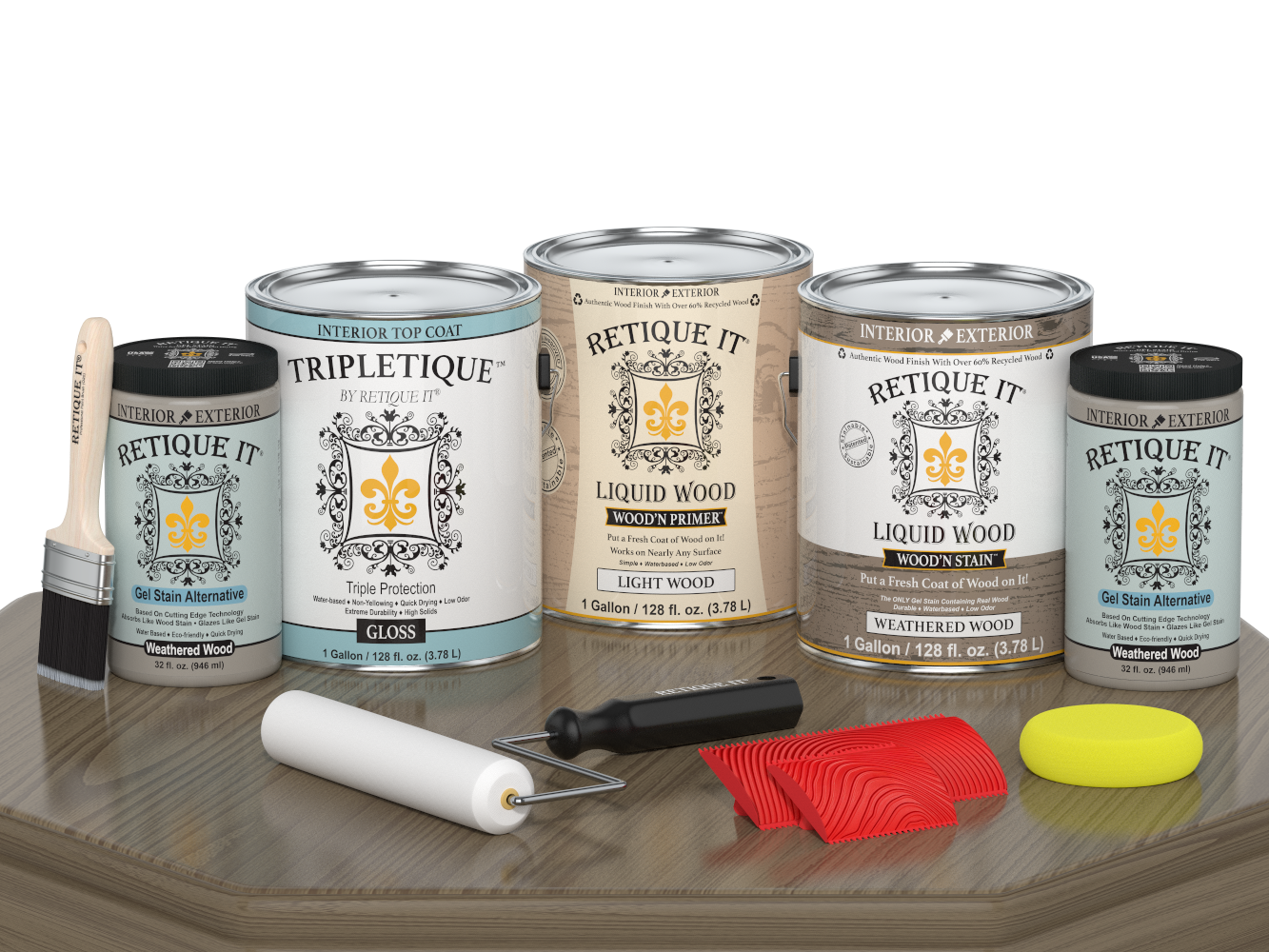 Glossy weathered wood finish kit from Retique It® for interior projects, includes four large Wood'n Top Coat containers.