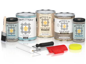 Glossy weathered wood finish kit by Retique It® for interior projects, includes four large Multi-purpose Wood'n Kit containers.